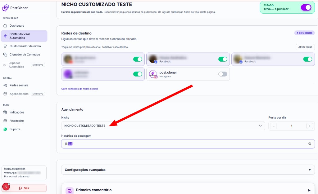 Conteúdo Viral Automático com o nicho personalizado selecionado no campo Nicho