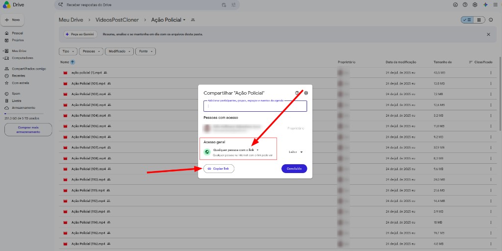 Pasta do Google Drive compartilhada com qualquer pessoa que tenha o link e botão Copiar link