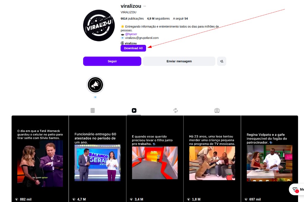 Botão Download All da extensão Turbo Downloader no perfil do Instagram