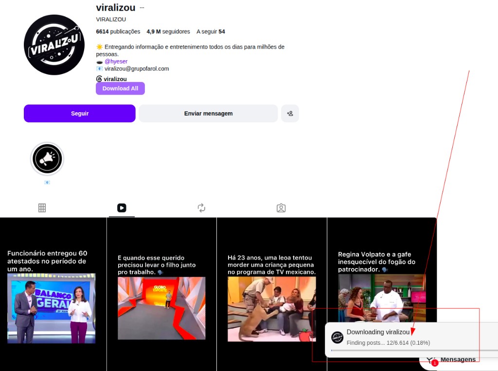 Extensão baixando vídeos em massa de um perfil do Instagram com barra de progresso